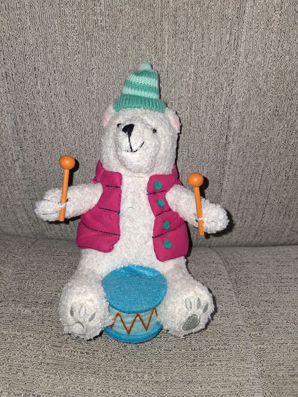 Plush White Polar Bear Drummer Plush Toy with Pink Vest and Green Hat Nwt 8"